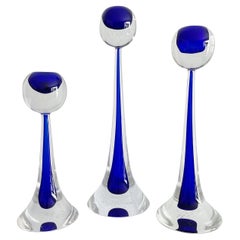 Three Vintage Cenedese Murano Cobalt Blue Signed Sommerso Murano Candle Holders