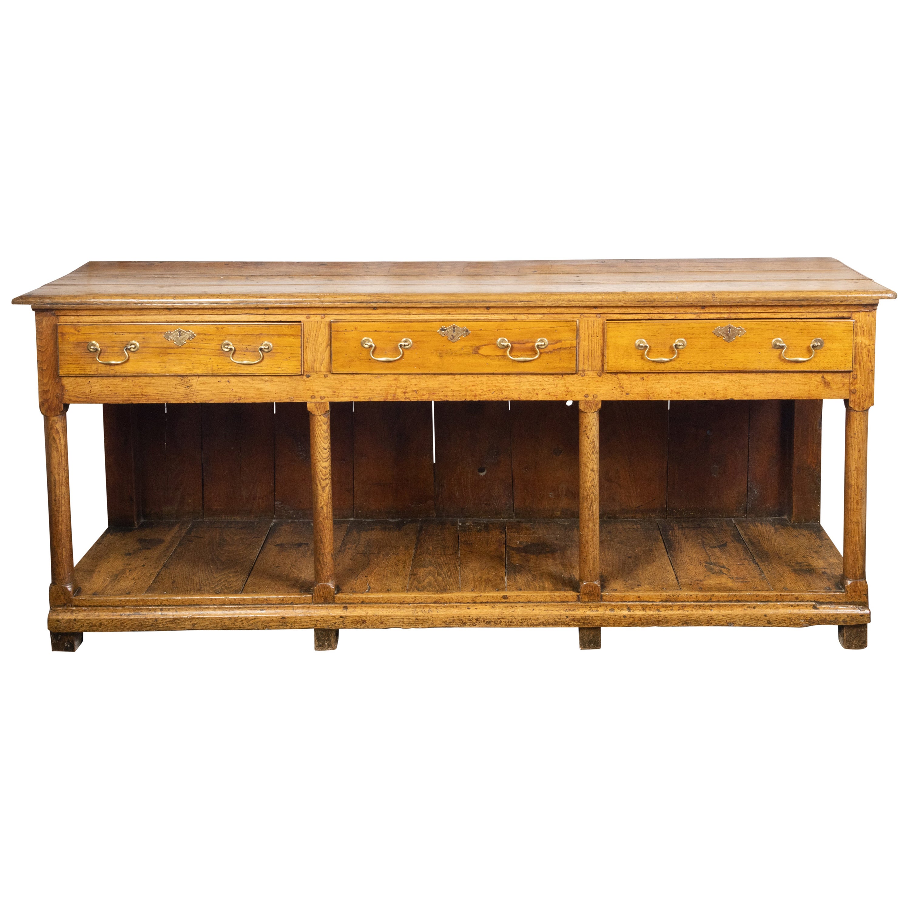 English 1820s Georgian Dresser Base with Three Drawers and Pot Board Shelf