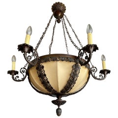 Unique Bronze Arts & Crafts Era Stately Chandelier w Intricate Scrolling Details