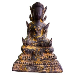 Antique Thai Siam Bronze Gilt Rattanakosin Kingdom Seated Temple Buddha, 18th Century