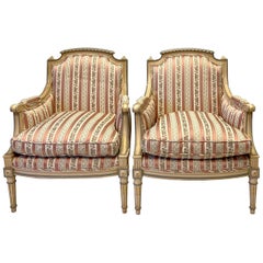  Blue and Cream Carved and Painted Club Chairs with Swedish Styling, Pair