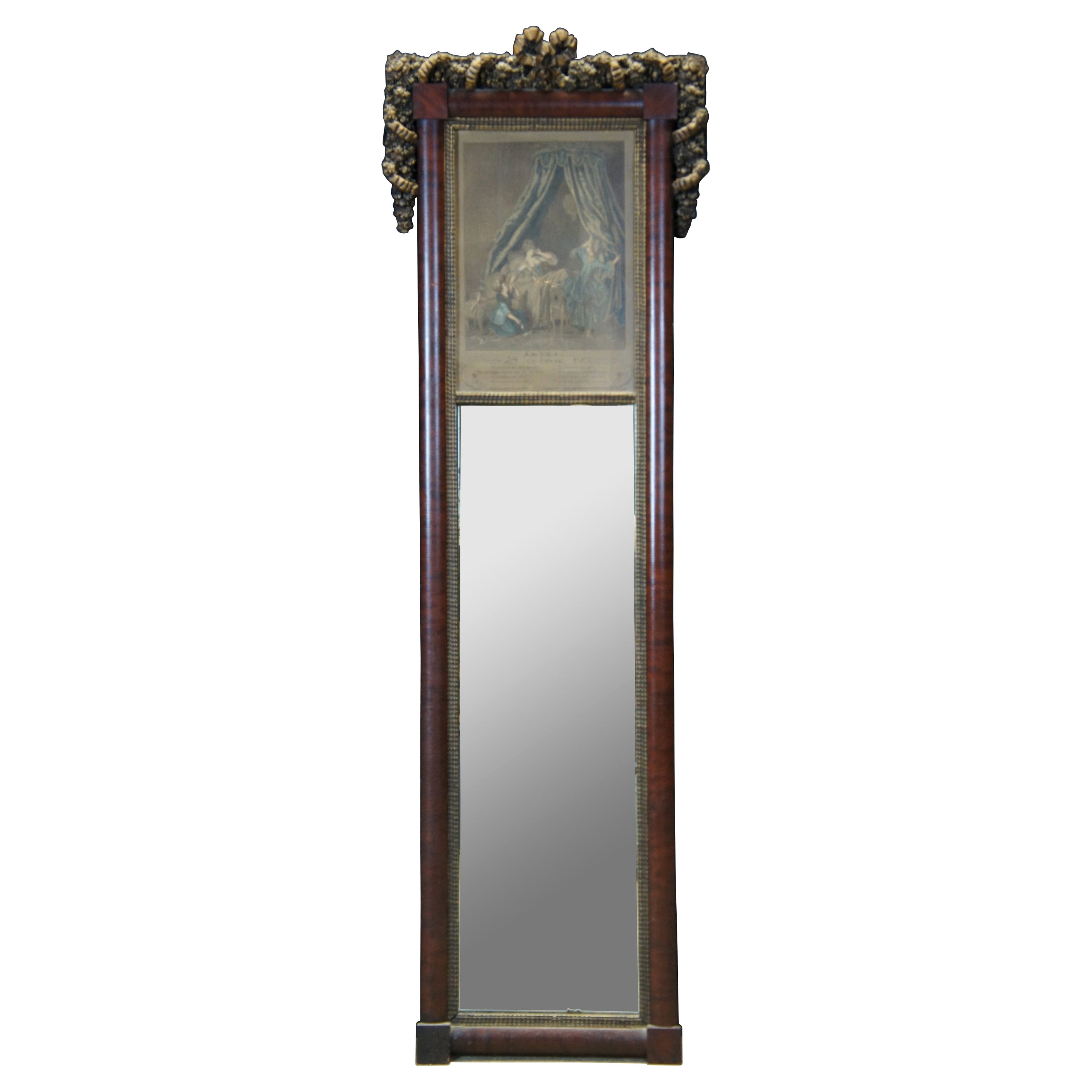 Antique Louis XVI Trumeau Pier Mirror & Engraving Le Lever Romanet Freudenberg For Sale