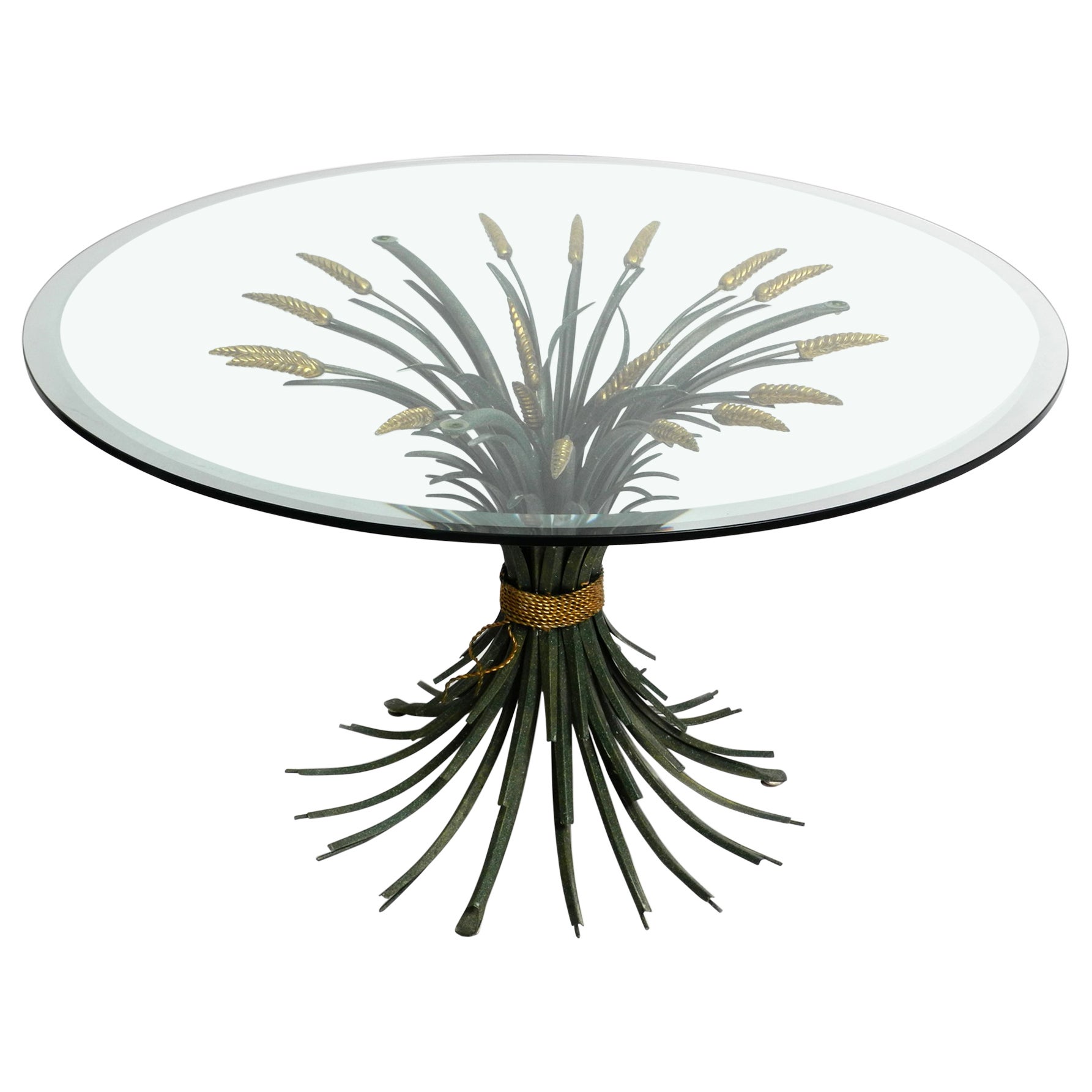 Beautiful 1970s Large Ears of Wheat Coffee Table in Green and Gold-Plated