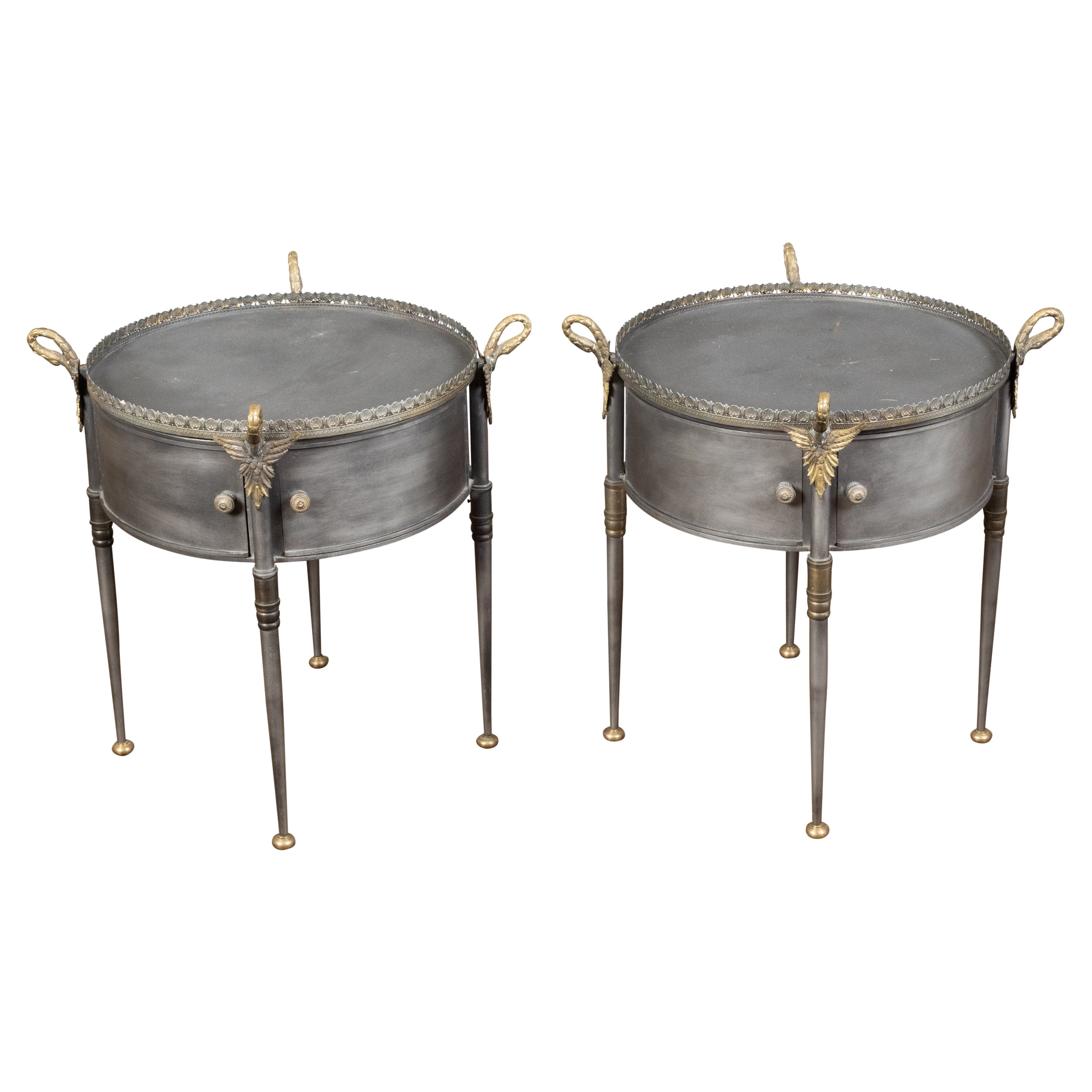 Pair of Trouvailles Metal and Brass Side Tables with Swan Necks and Doors For Sale