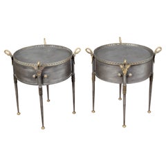 Vintage Pair of Trouvailles Metal and Brass Side Tables with Swan Necks and Doors