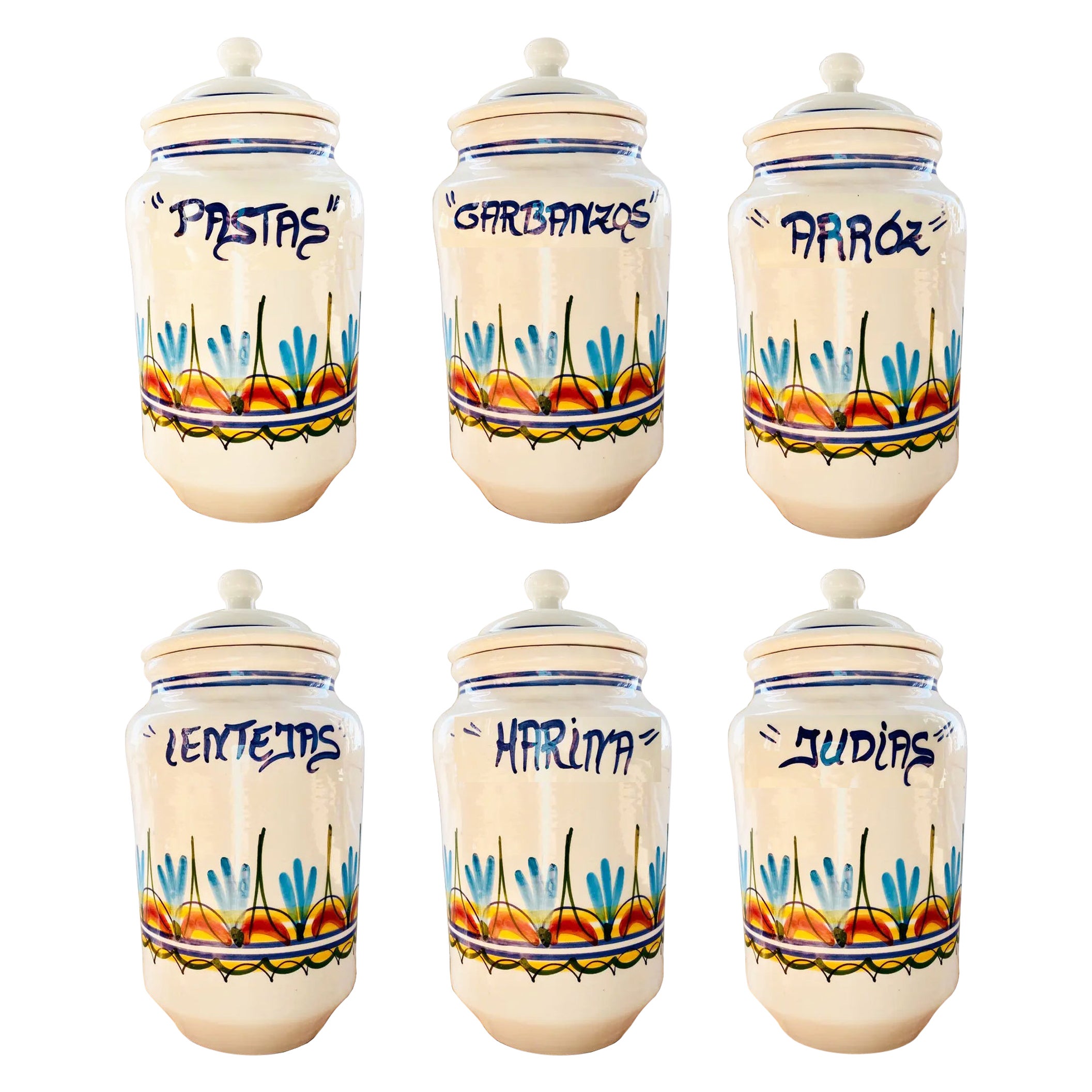 6 ceramic vintage kitchen jars

Hand painted
Spanish crafts.