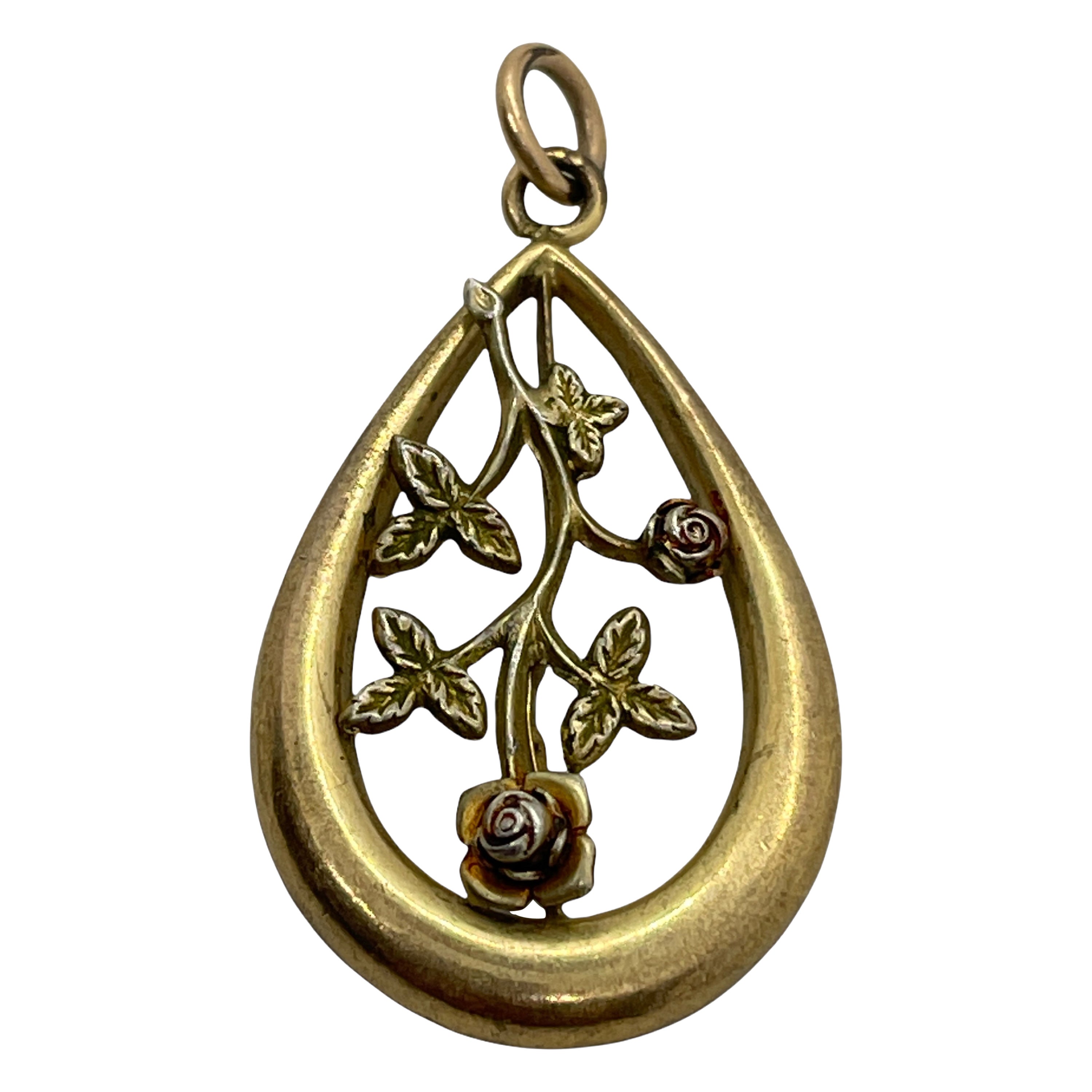 Pendentif antique en bronze doré à branches de roses en bijouterie Art nouveau allemand, années 1900