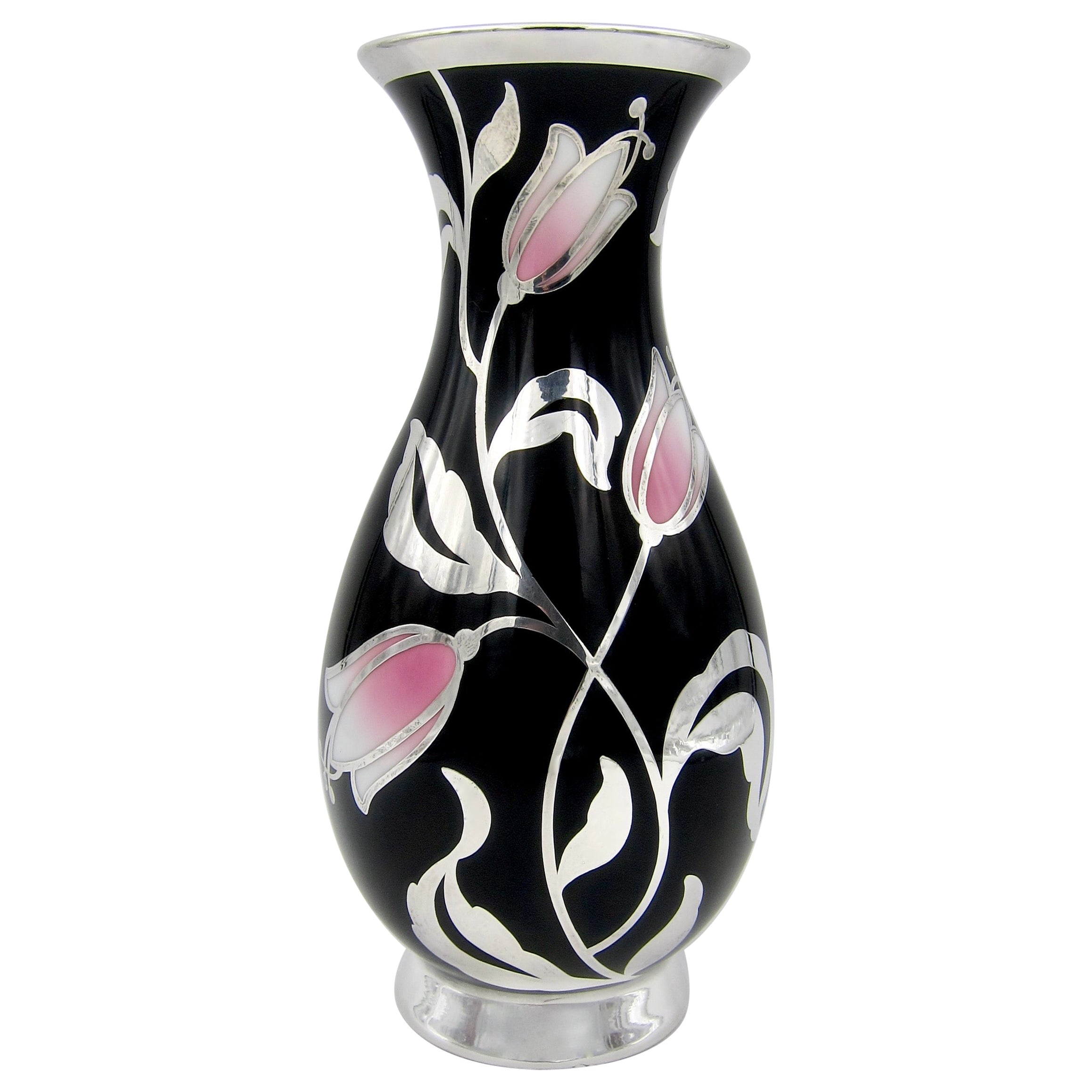 German Porcelain Vase with Spahr Pure Silver Overlay and Pink Tulips