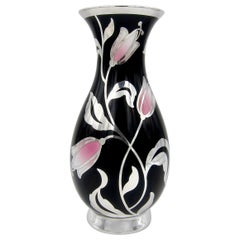 German Porcelain Vase with Spahr Pure Silver Overlay and Pink Tulips