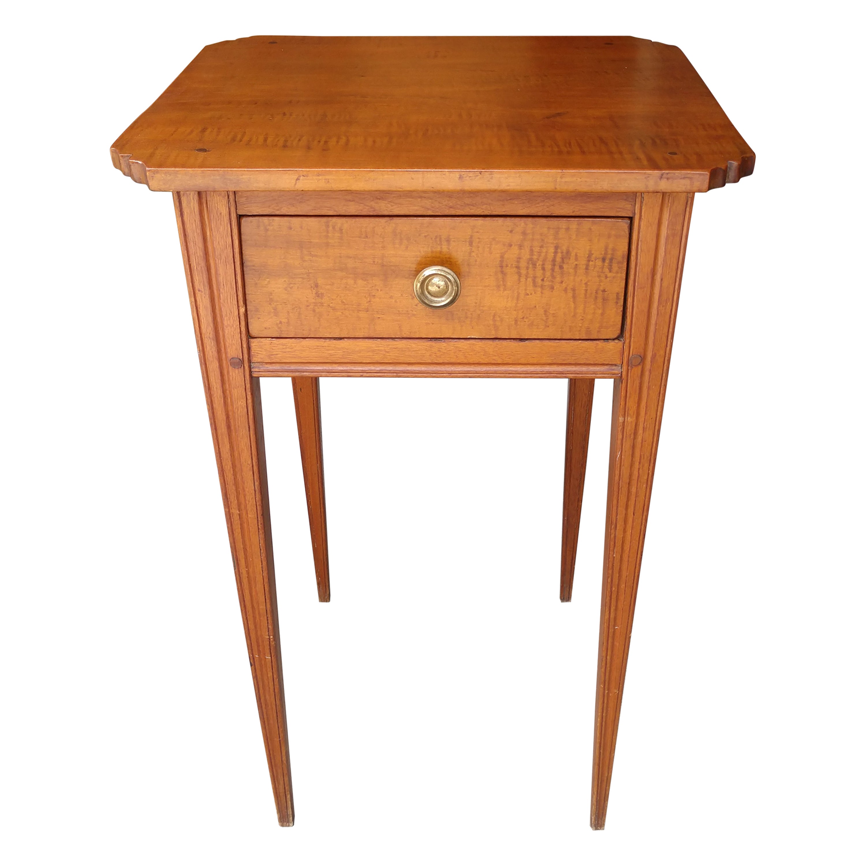 Early Tiger Maple One Drawer Stand with Invected Corners, c1810