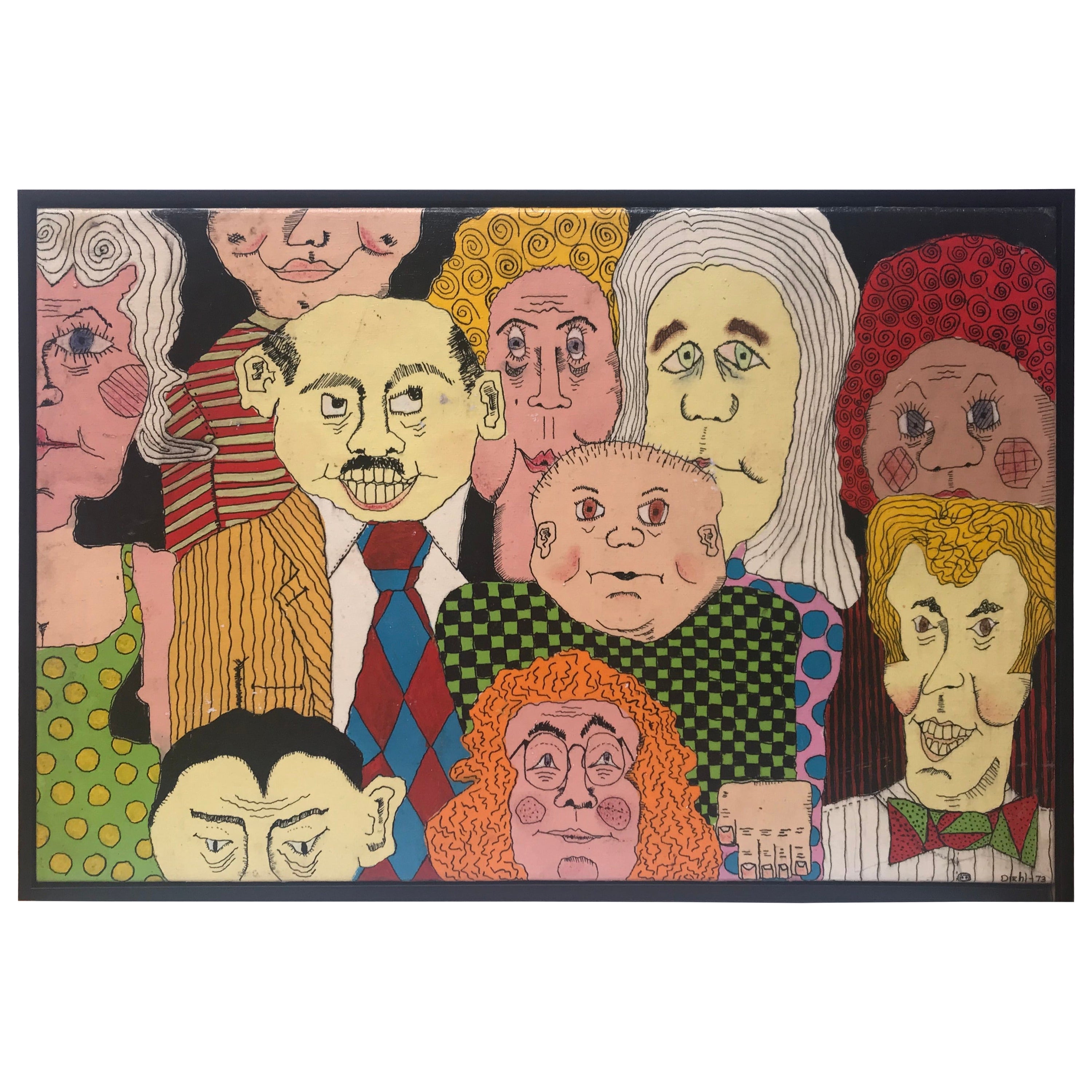 Huile sur toile d'une caricature d'un groupe d'amis signée Diehl 1973 en vente