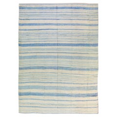 Modern Moroccan Style Handmade Stripe Pattern Ivory and Blue Wool Rug