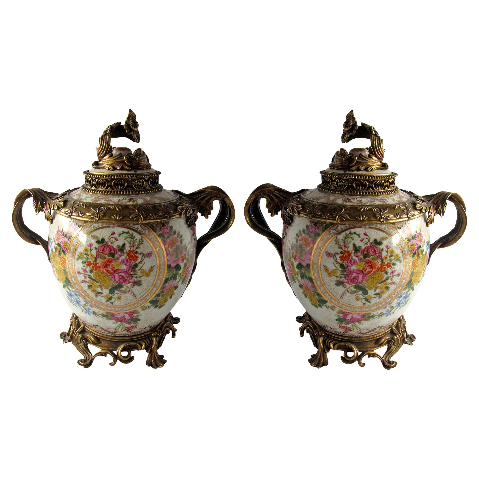 Pair of Louis XV Style Ormolu Mounted Chinese Covered Cache Pots For Sale