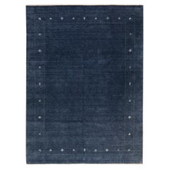 Modern Gabbeh Style Hand-Loom Minimalism Pattern Navy Blue Wool Rug