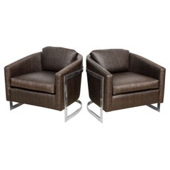 Pair of Milo Baughman Style Polished Chrome and "Ostrich" Upholstered Chairs