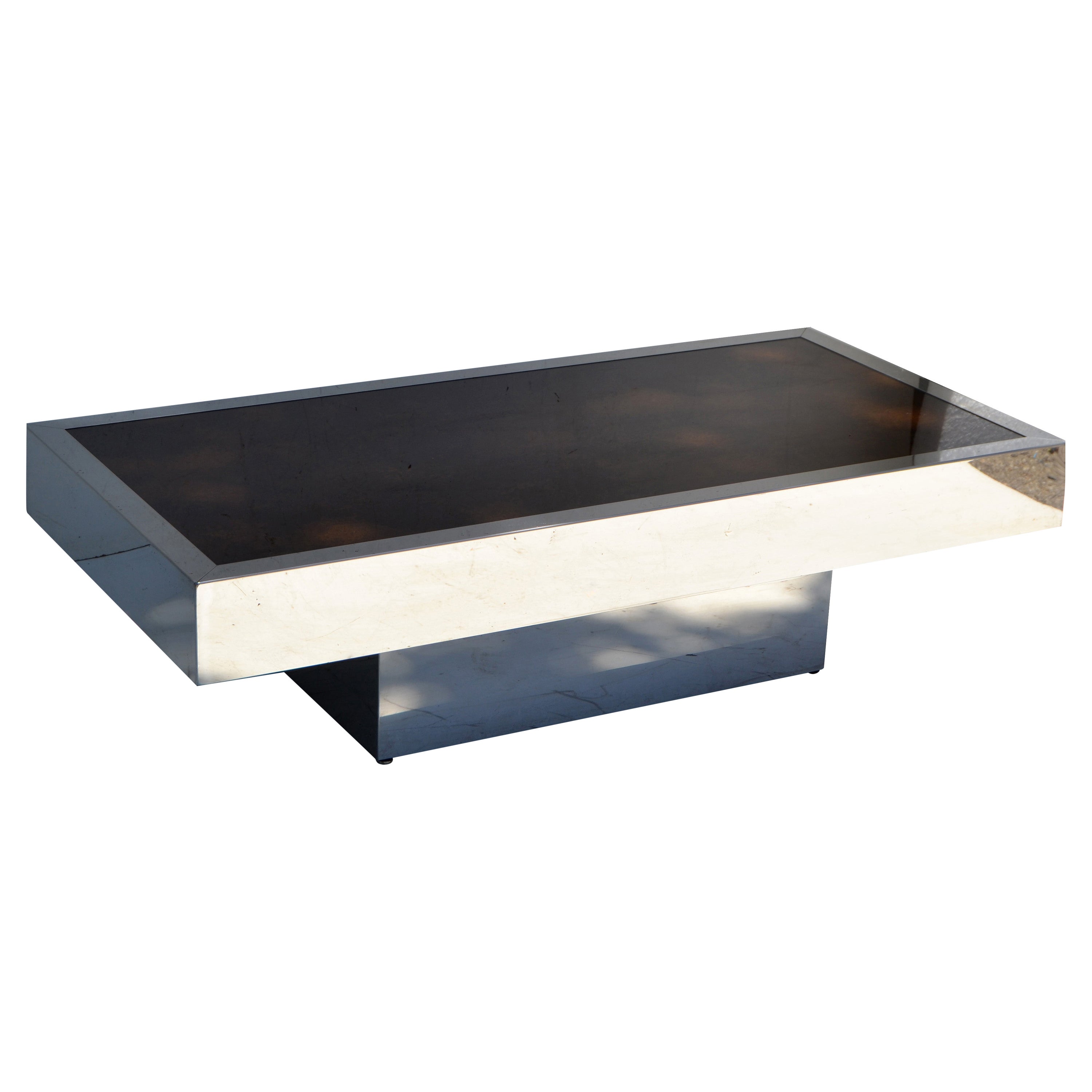 Italian Willy Rizzo Style Chrome Steel & Brown Cloudy Glass Coffee Table, 1970 For Sale