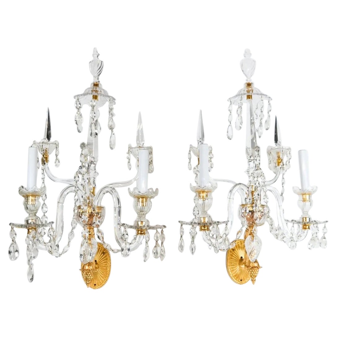 Pair of George III Style Cut Crystal and Ormolu Wall Sconces For Sale