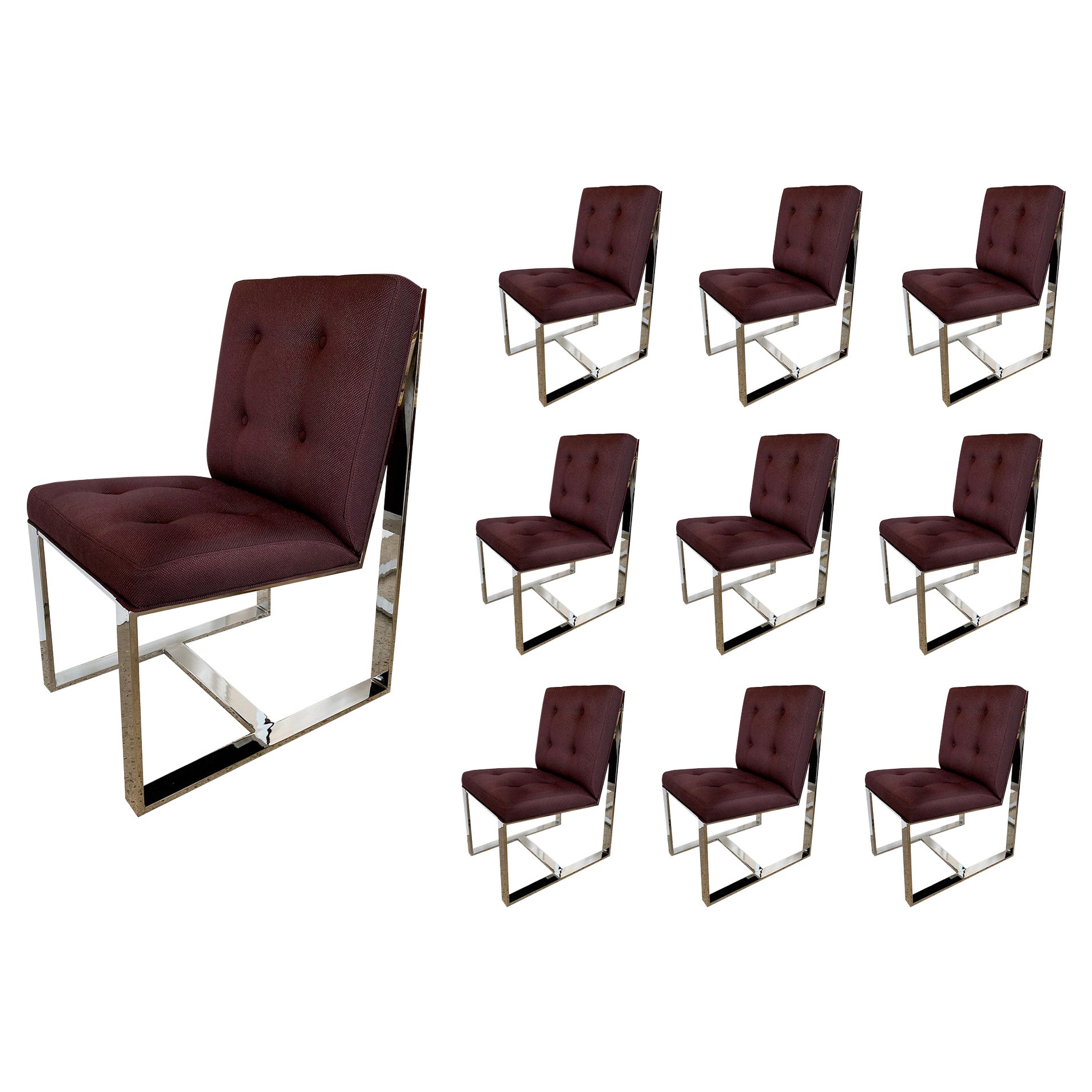 10 American Polished Stainless & Upholstered Dining Chairs, Milo Baughman For Sale