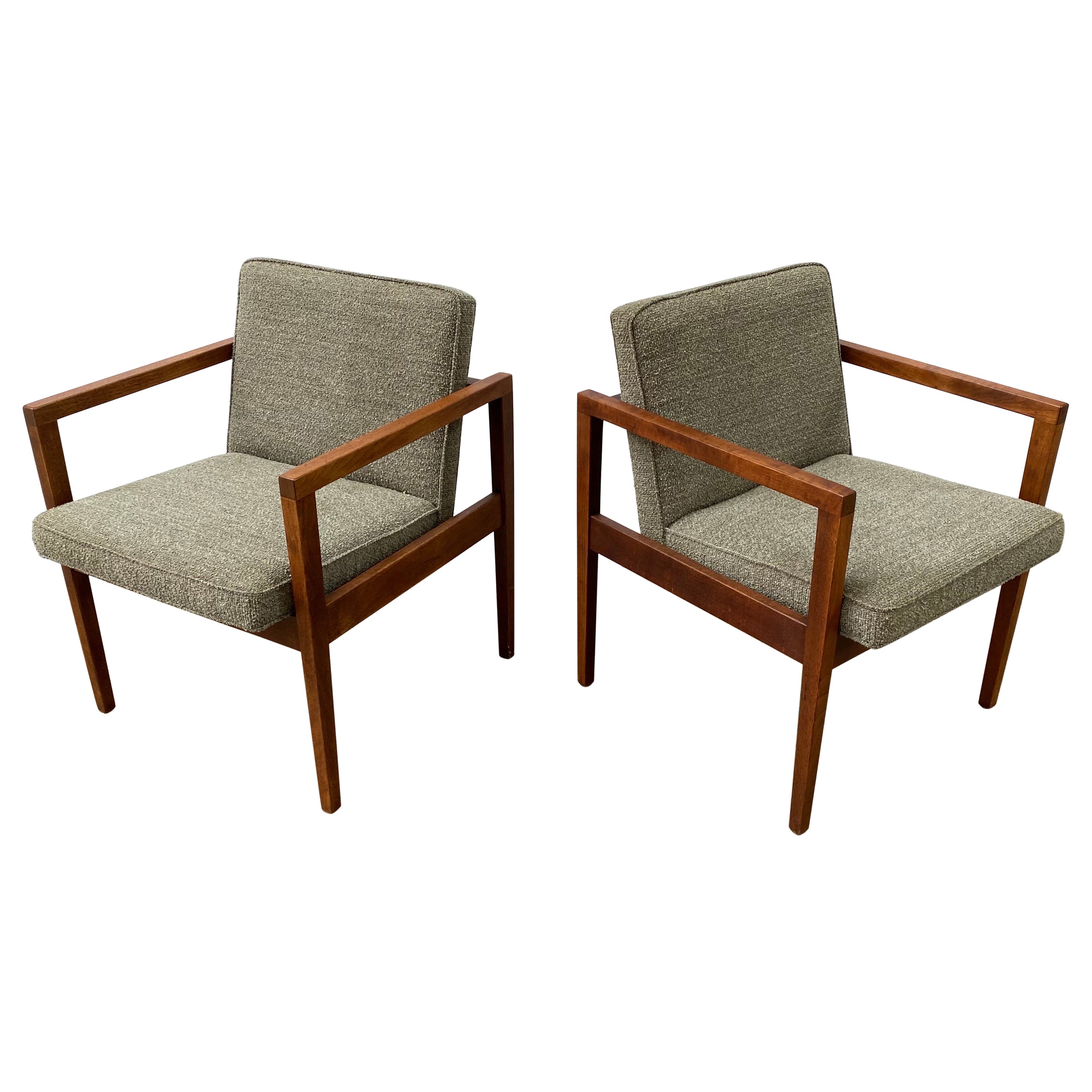 Pair Open Arm Walnut Lounge Chairs in the Style of Jens Risom