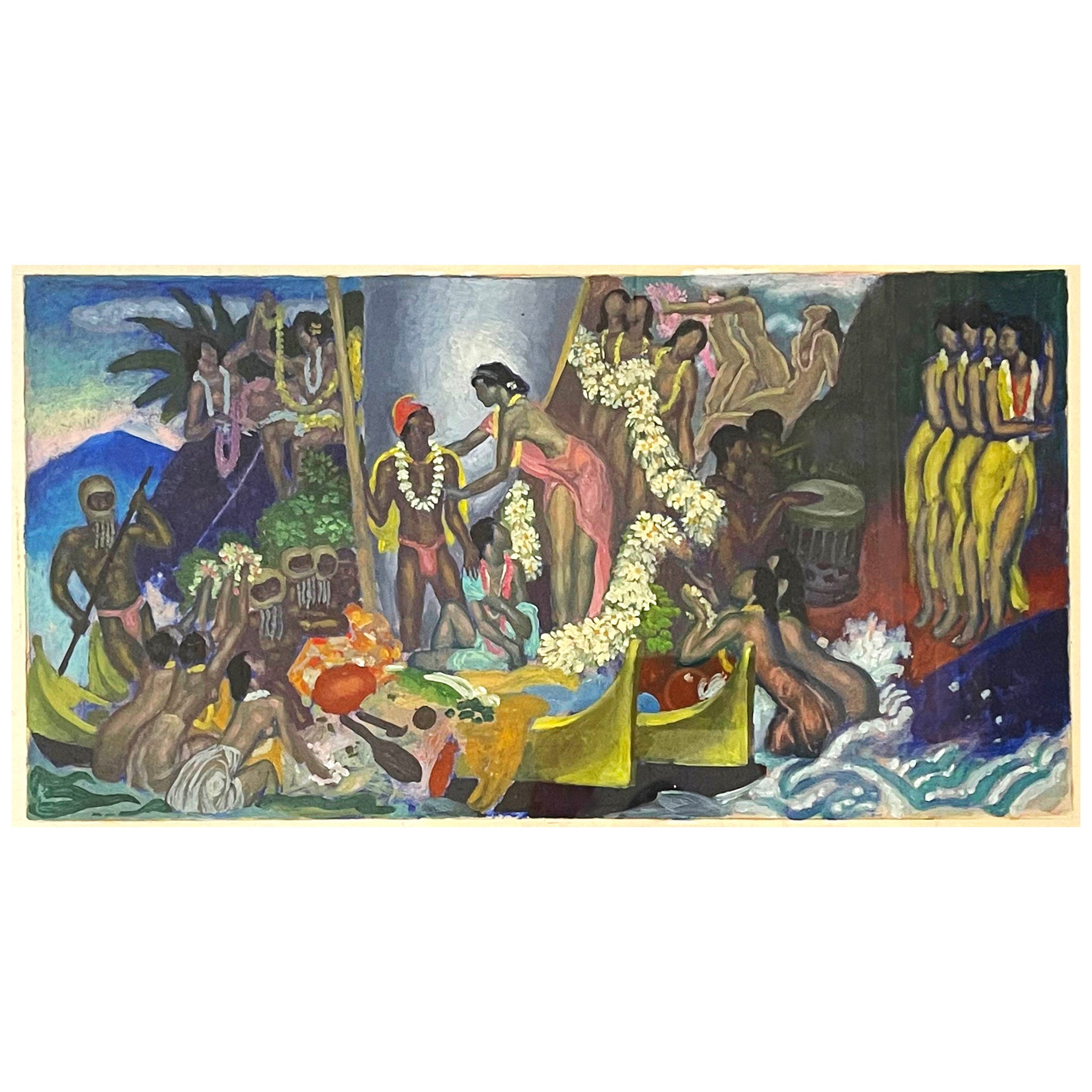 "Aloha, The Universal Word," Art Deco Study for Hawaiian Mural Series by Savage