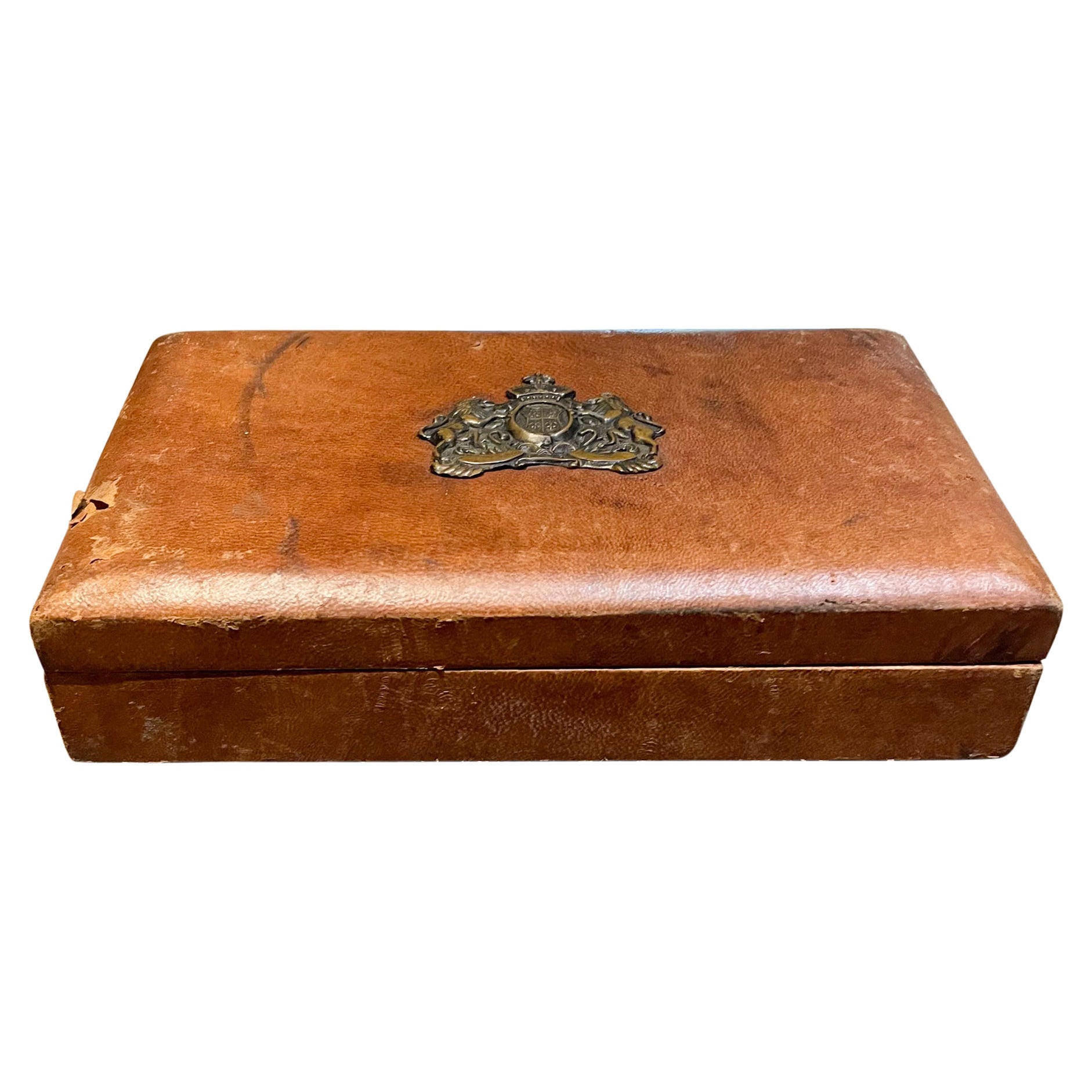 Medallion Adorned Distressed Leather Jewelry Box Vintage Midcentury Mexico 1970s