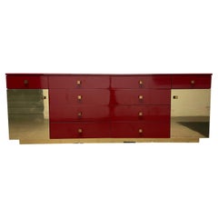 Midcentury Long Red Gloss Brass Laminate Custom 10-Drawer Dresser Credenza