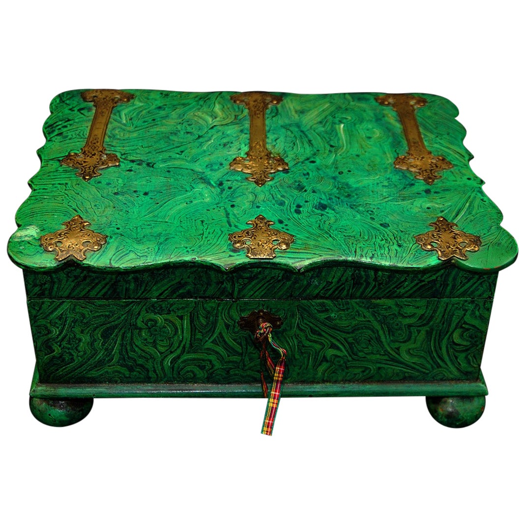 English Regency Period Faux Malachite and Engraved Brass Dressing Box Circa 1815