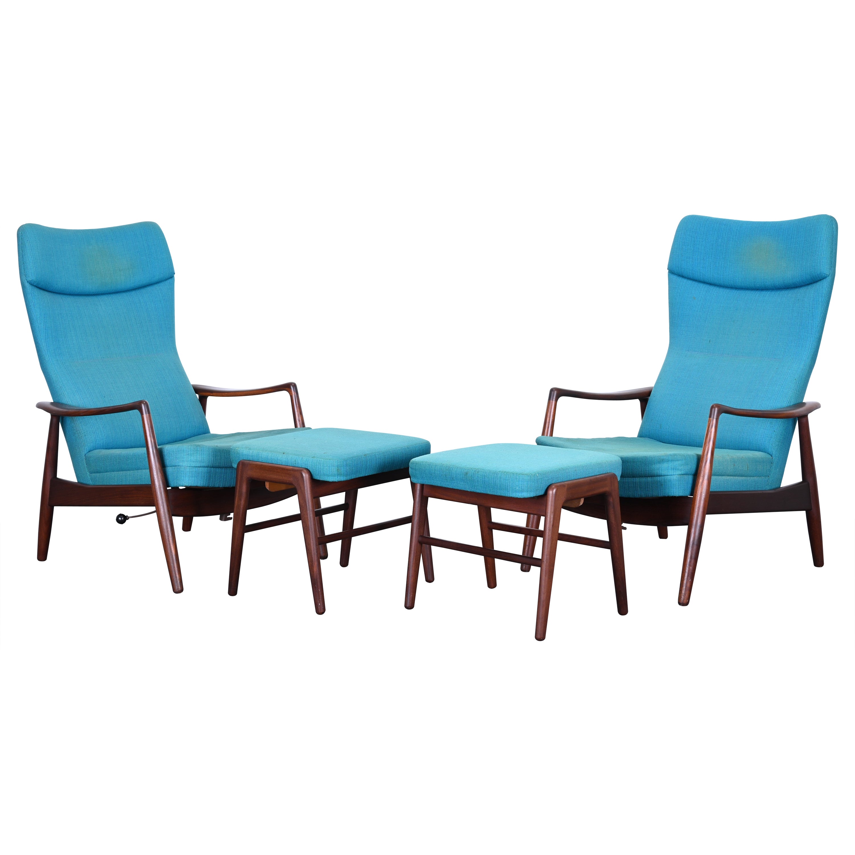 Pair of Madsen & Schubell Lounge Chairs and Ottomans by TOVE, 1960s