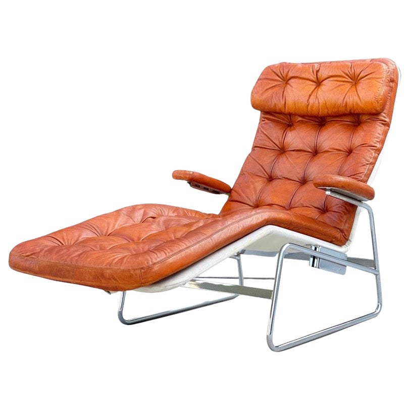 Midcentury "Fenix" Chaise Lounge, Sam Larsson for DUX in Cognac Leather + Chrome