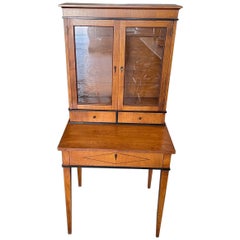 French Biedermeier 1940s Birchwood Desk with 3 Drawers and 2 Glass Cabinet Doors