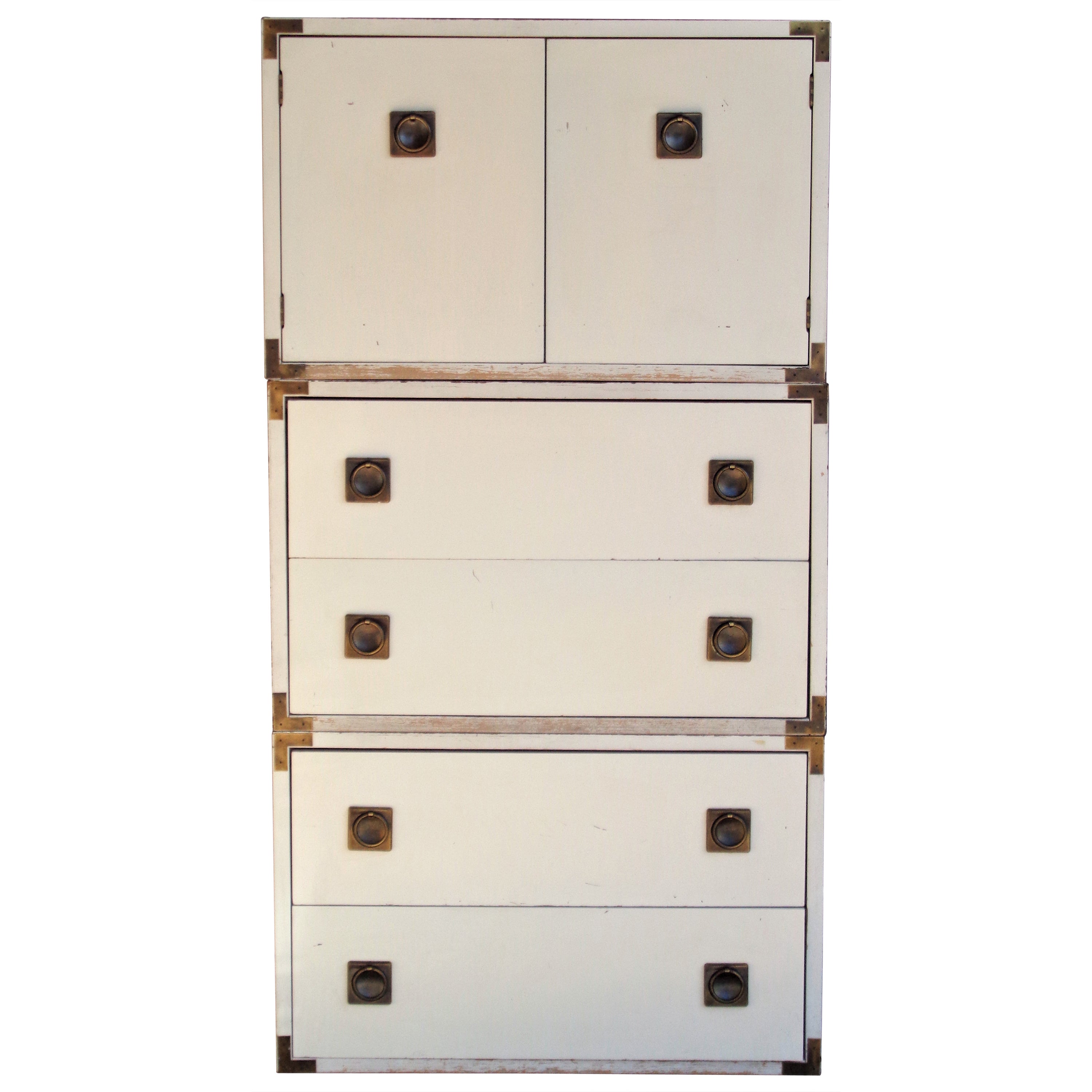 White Laminate and Brass Campaign Style Tall Chest