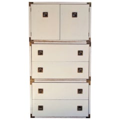 White Laminate and Brass Campaign Style Tall Chest