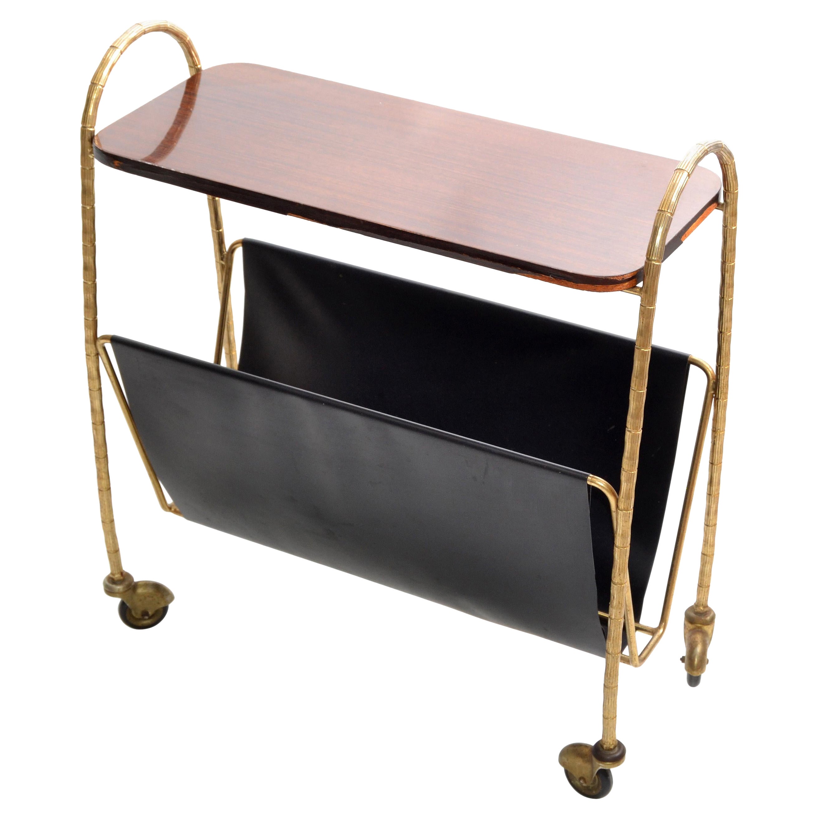 Maison Baguès French Bronze, Leather & Laminated Wood Magazine Rack on Casters For Sale