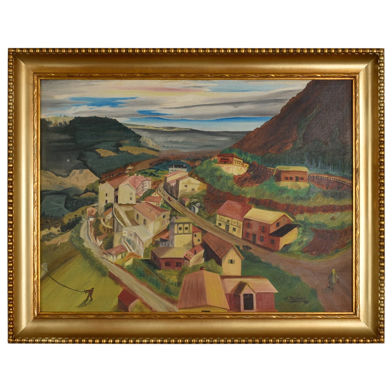 1949 Village in The Valley Folk Art Landscape Painting by M. Thompson