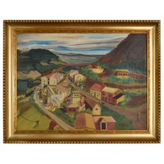 1949 Village in The Valley Folk Art Landscape Painting by M. Thompson