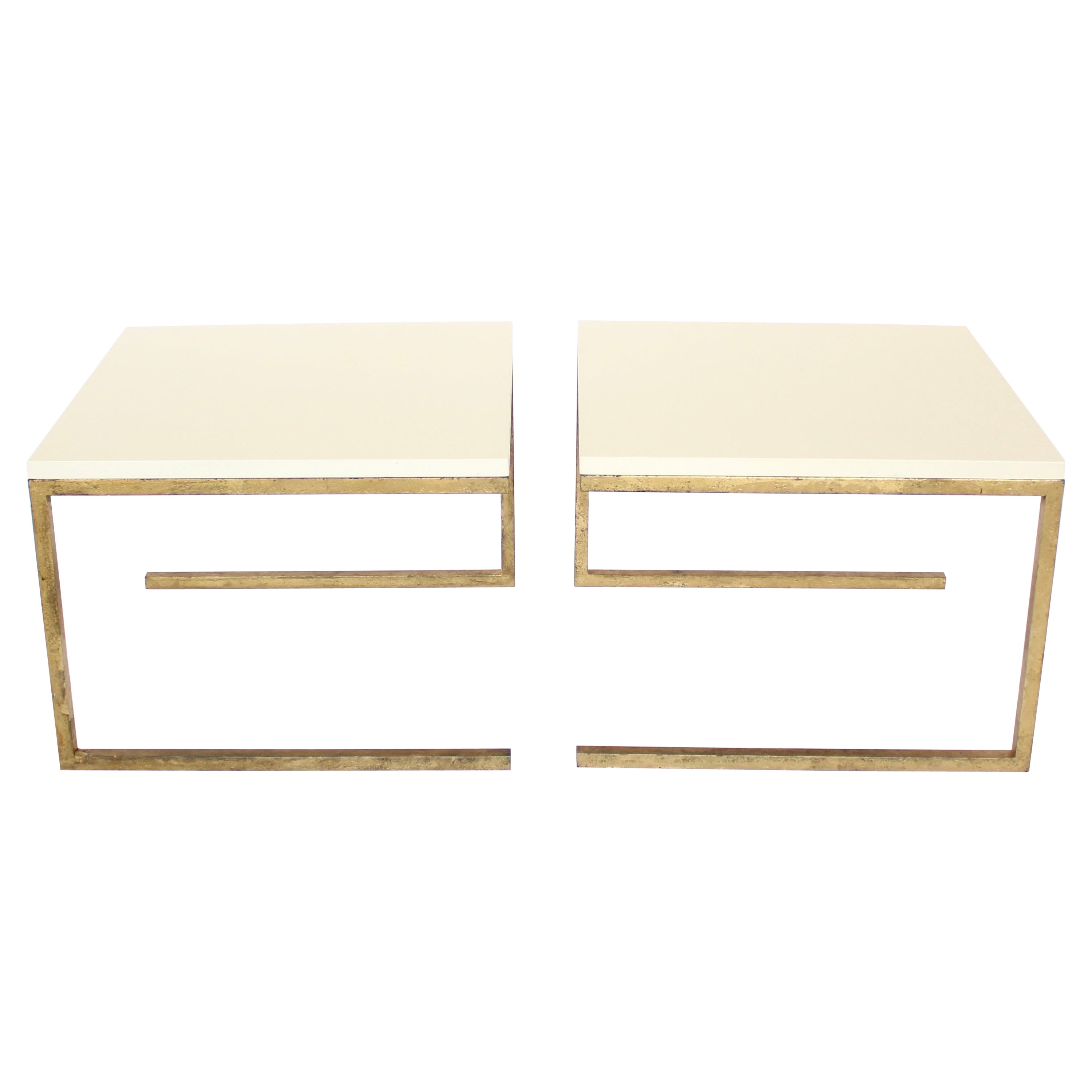 Maison Ramsay Side Tables Pair of Cream Lacquered Top Gilded Iron Frame Work