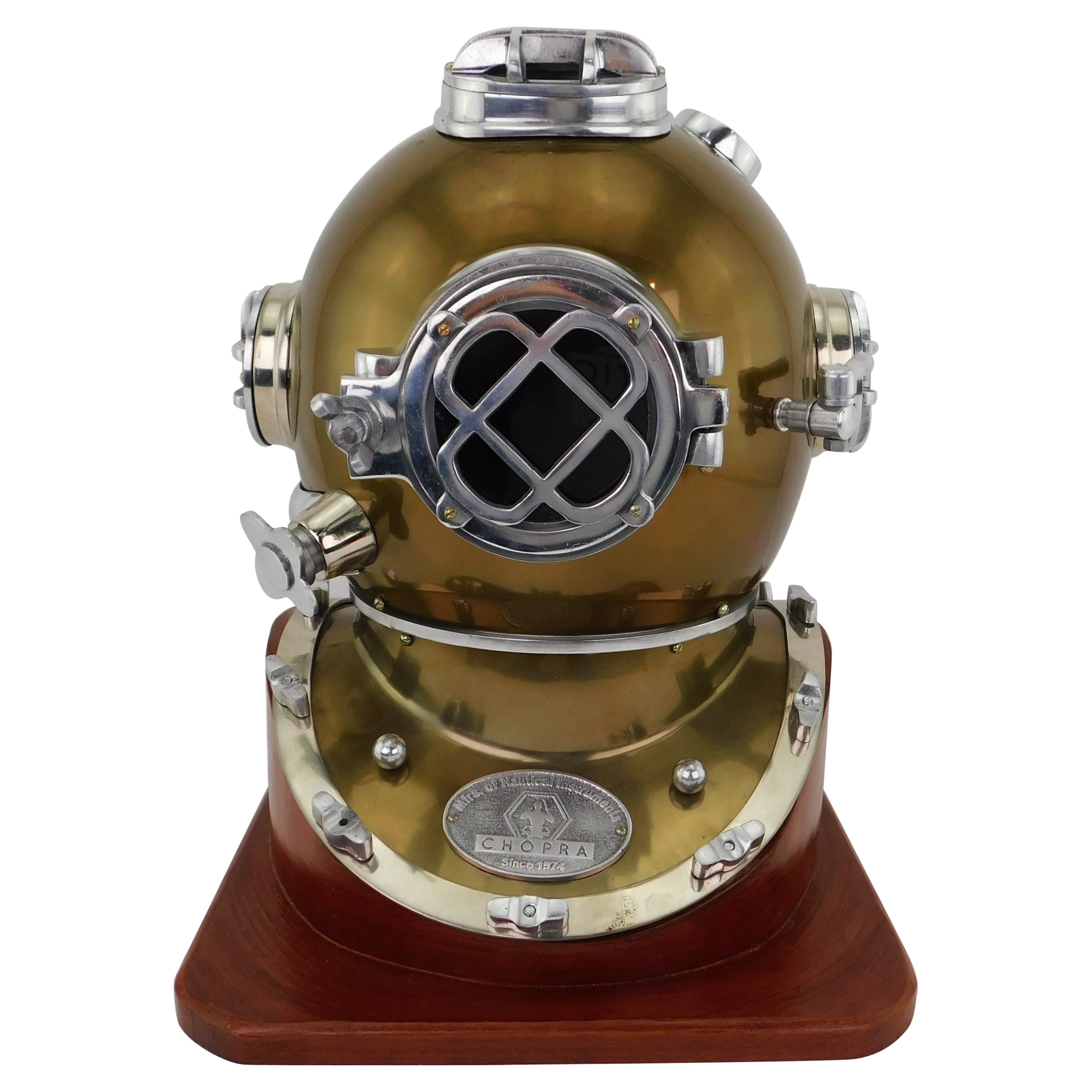 Vintage Deep Sea Divers Diving Helmet Copper Steel Mounted on Wood Base