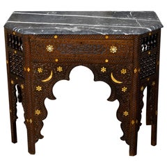 Anglo-Indian 1880s Carved Wooden Console Table with Marble Top and Bone Inlay