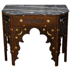 Antique Anglo-Indian 1880s Carved Wooden Console Table with Marble Top and Bone Inlay