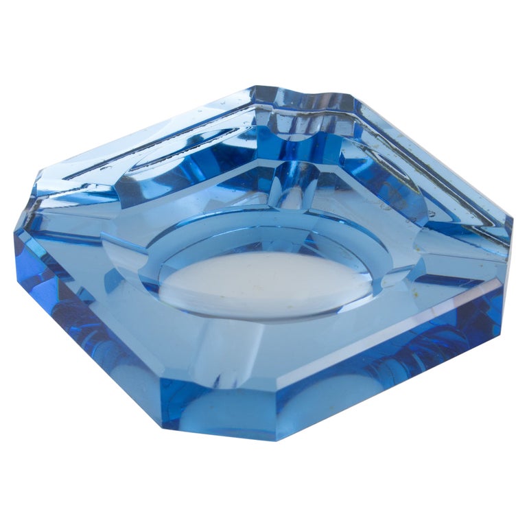 Jean Luce French Art Deco Blue Mirror Glass Ashtray Desk Tidy For Sale