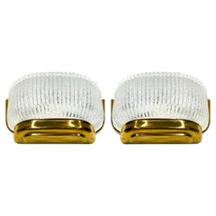 Pair of Seguso Murano Sconces with Fluted Glass and Brass Frames, circa 1940s