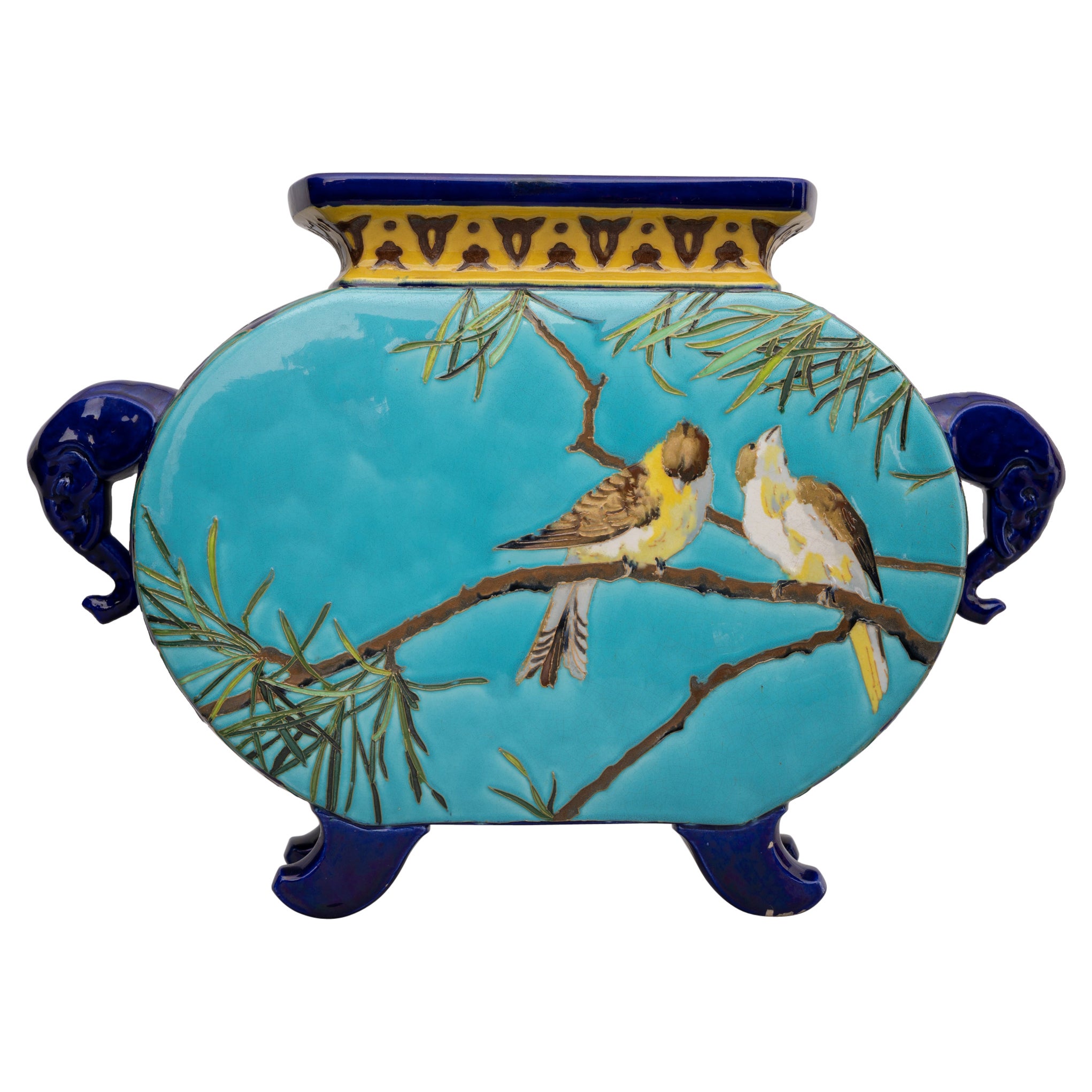 Jardiniere in maiolica di Sarreguemines in stile giapponese, 1880-1890