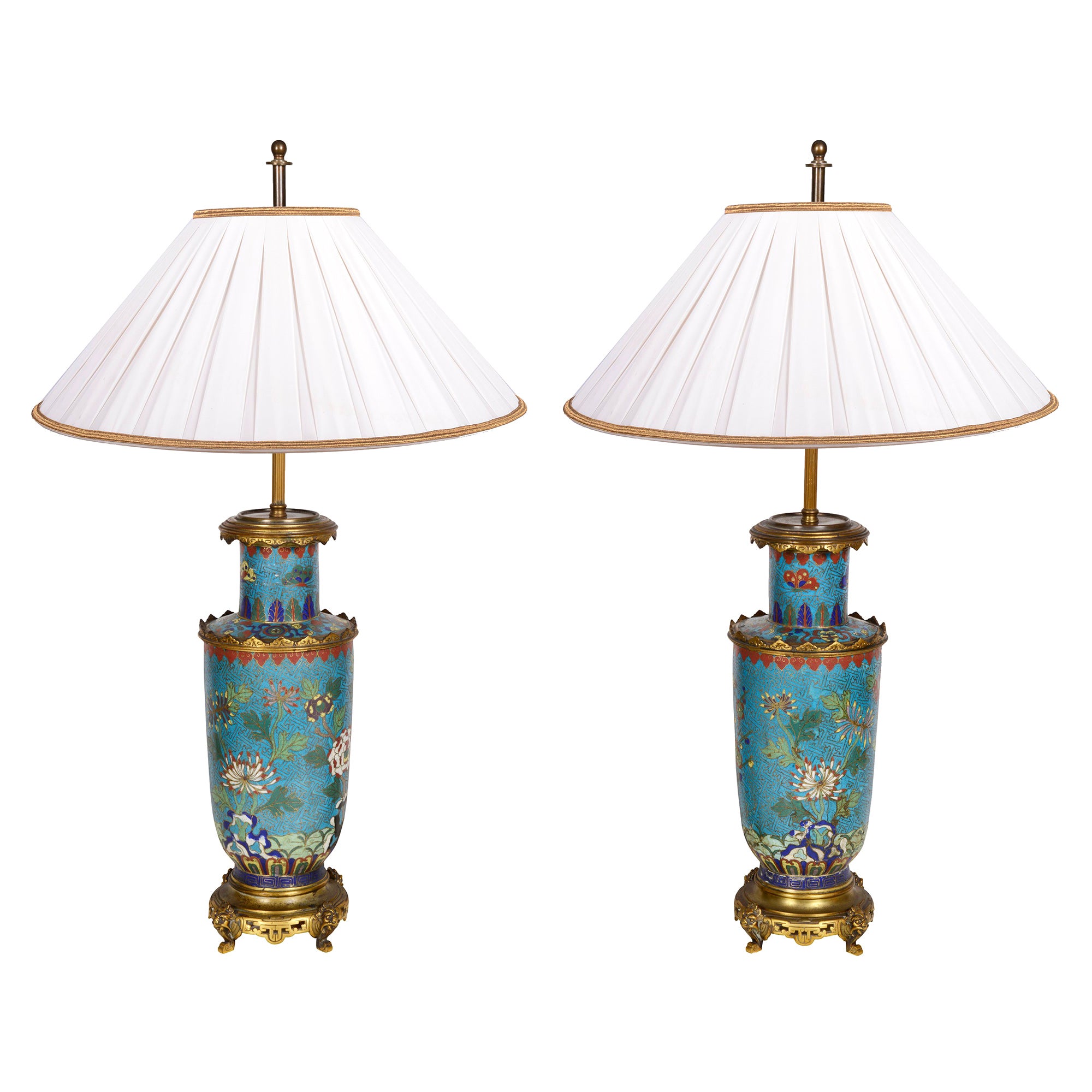 Pair French Champleve Enamel Vases / Lamps, circa 1900 For Sale