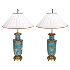 Antique Pair French Champleve Enamel Vases / Lamps, circa 1900