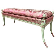 20th Century French Hand Carved and Hand Painted Bench with Silk Upholstery
