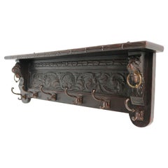 French Renaissance Coat Rack Retro Dark Oak Carved Lions Brass Hallway 1900