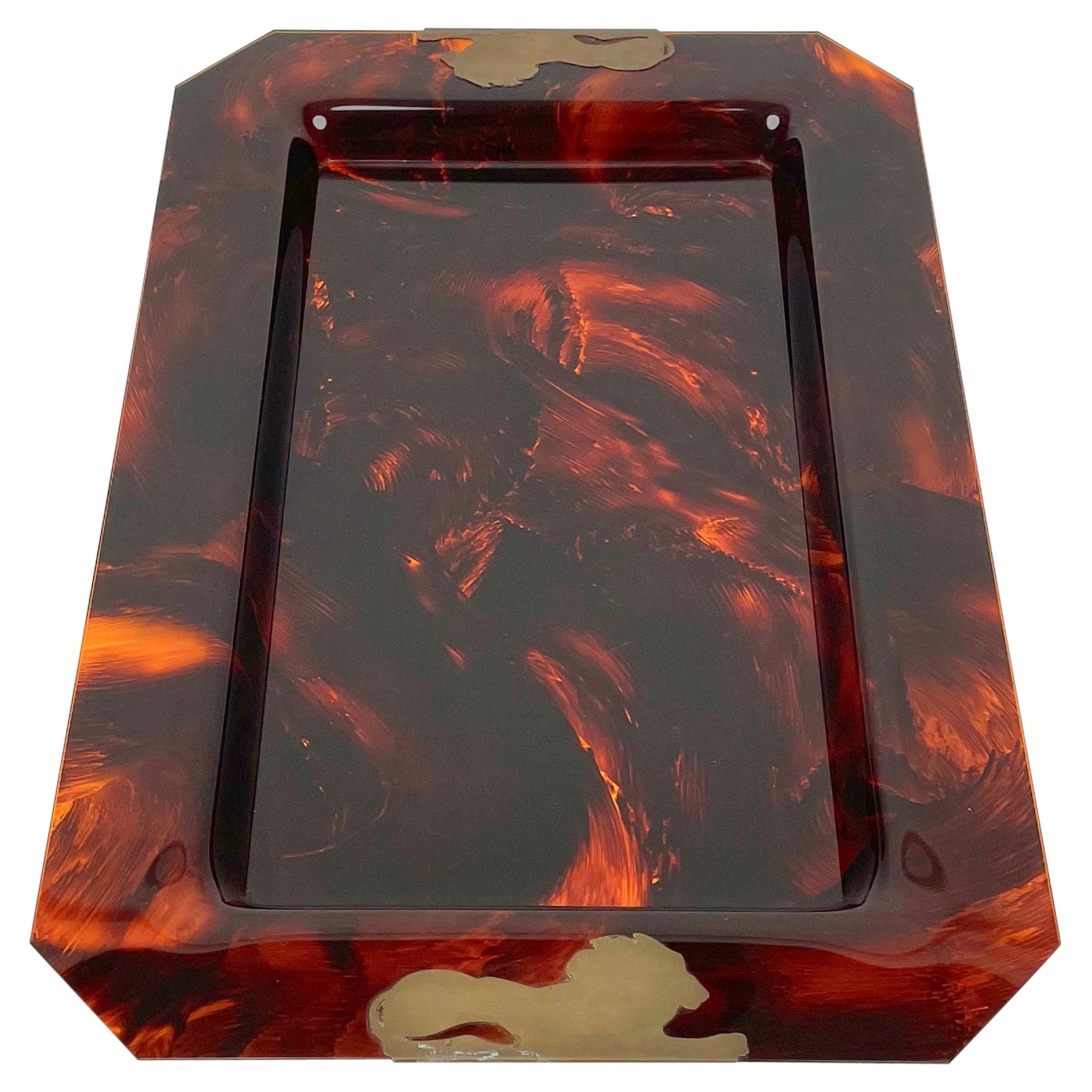 Brass & Tortoise Shell Effect Lucite Centerpiece Serving Tray, Italy, 1970s