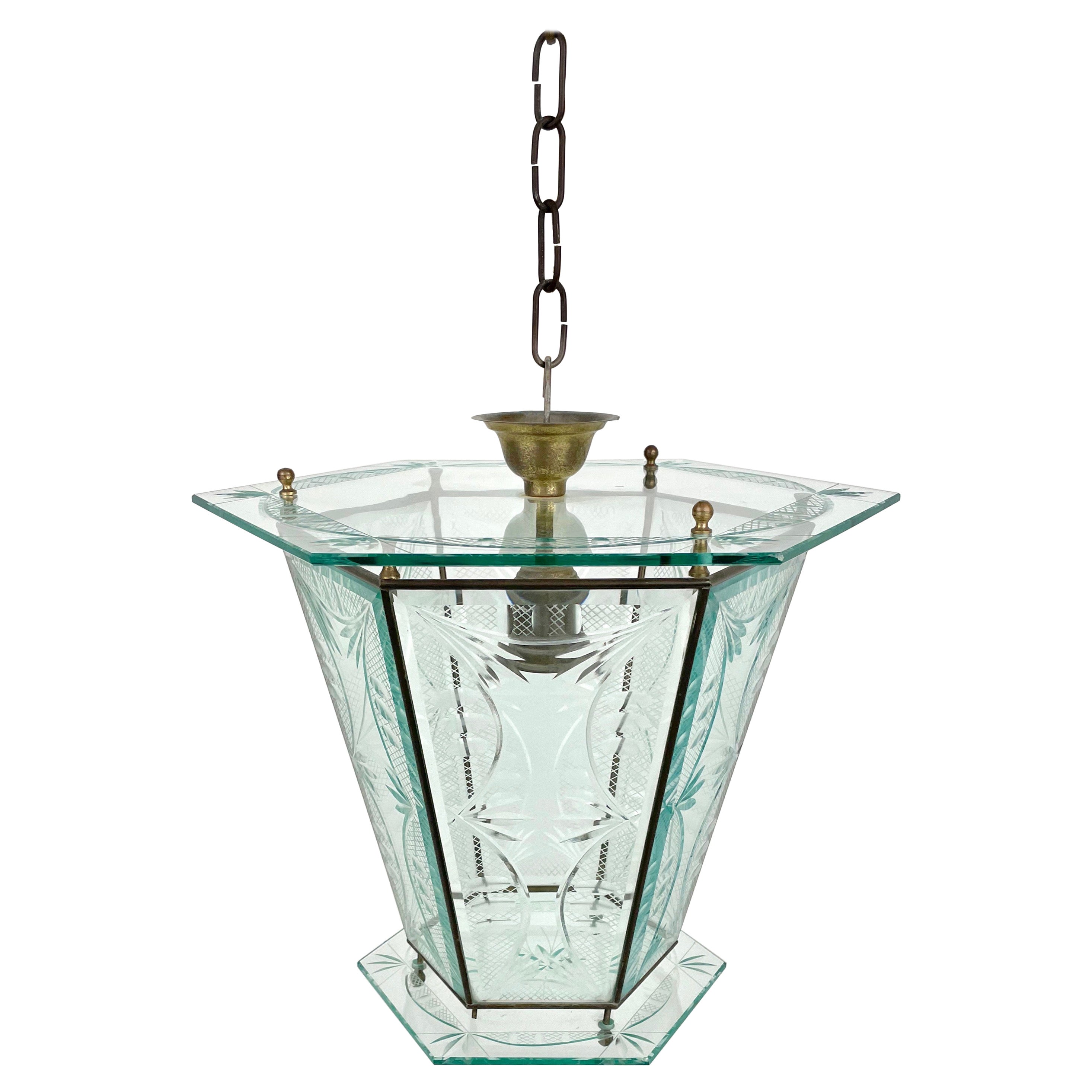 1950s Brass & Glass Chandelier Lantern Attributed to Pietro Chiesa Fontana Arte