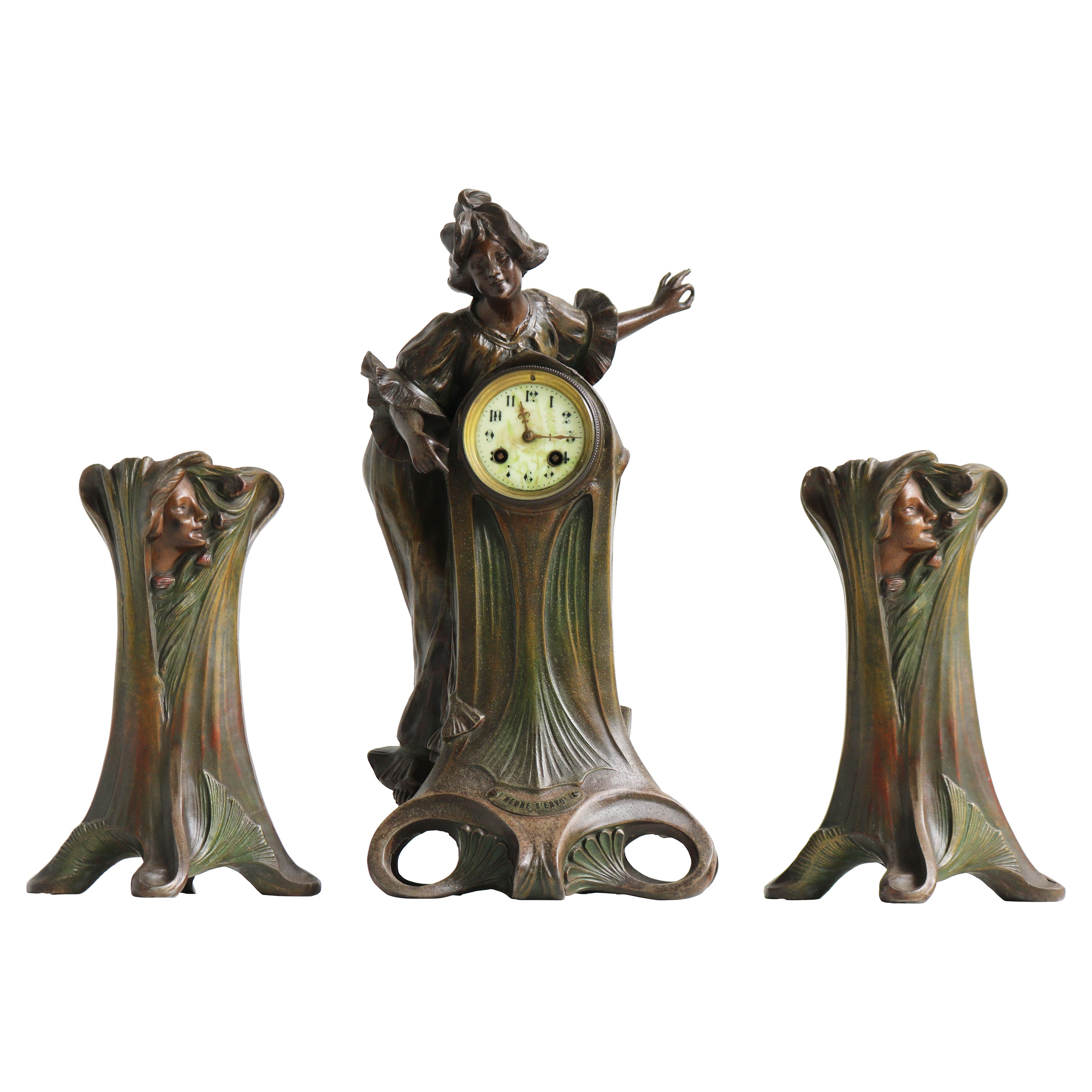 Jugendstil-Uhr-Set von Francesco Flora 1890, antikes dreiteiliges französisches Kaminsims-Set im Angebot