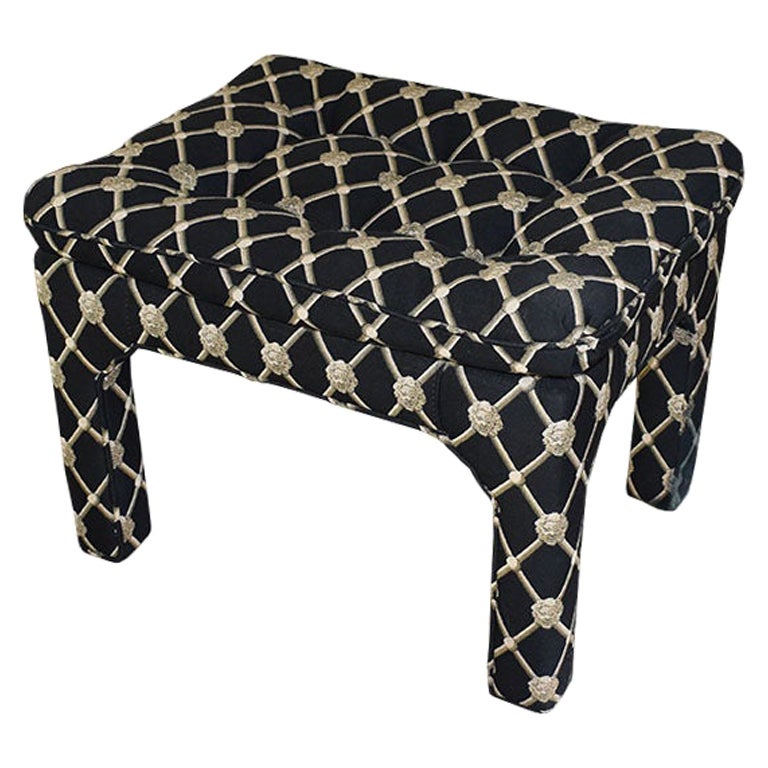 Hollywood Regency Black and Cream Tufted Bench after Milo Baughman For Sale